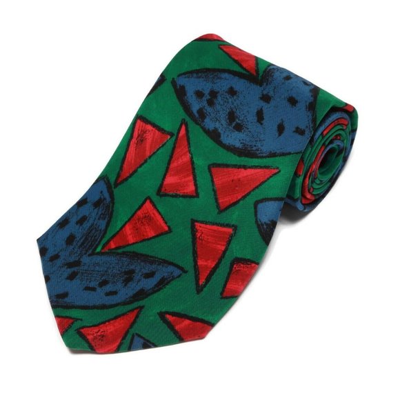 BILL ROBIN SON Vintage 80s Retro Memphis Style Green Red Blue Men's Silk Tie - Picture 1 of 3